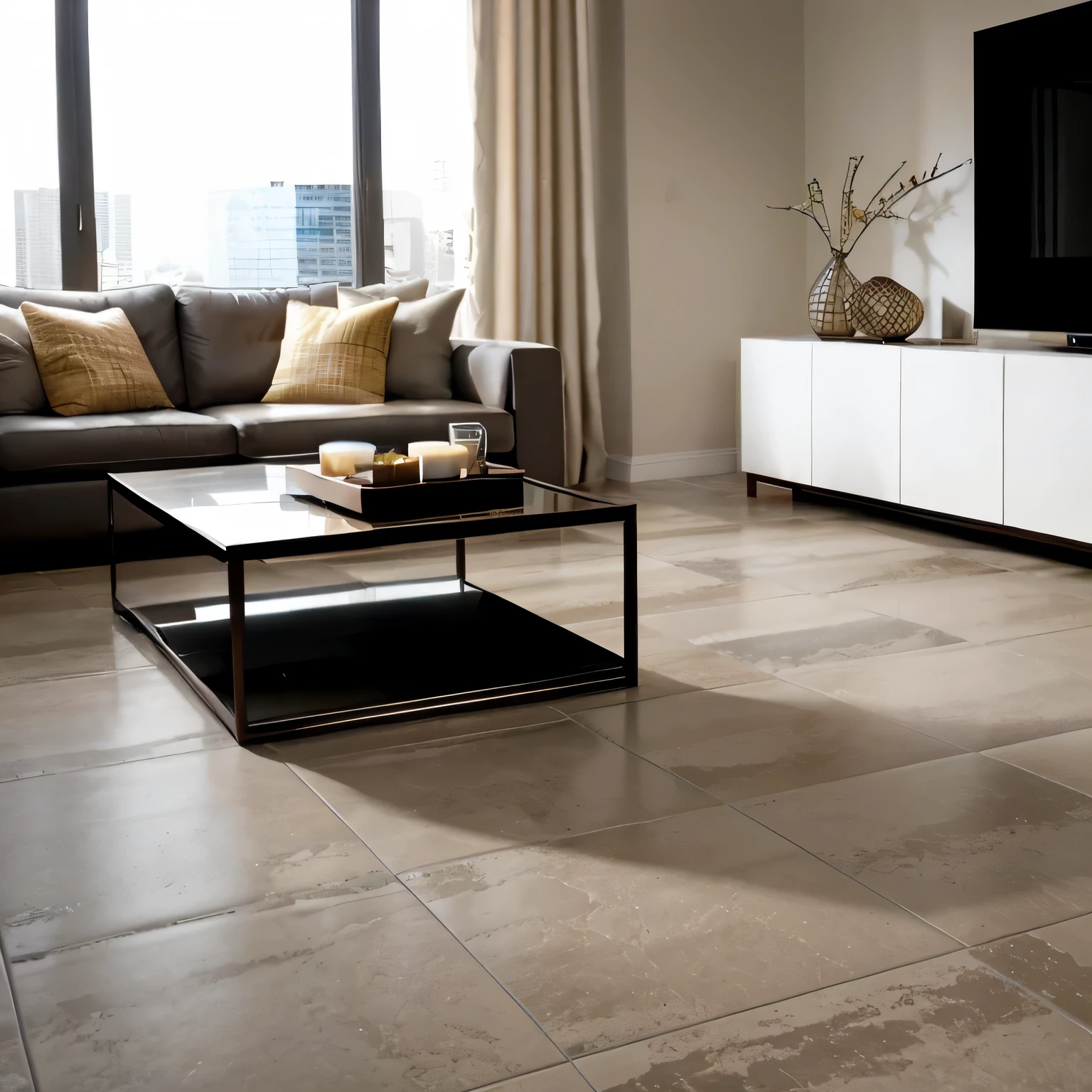 there is a living room with a couch, coffee table, and television, placed in a large living room, tile floor, floor tiles, beige and dark atmosphere, serene emotion, modern earthy neutral earthy, elegant minimalism, tiled floor, jovial, smooth curvature design, scintillating, landscape vista, floors, tiles, tiled room squared waterway