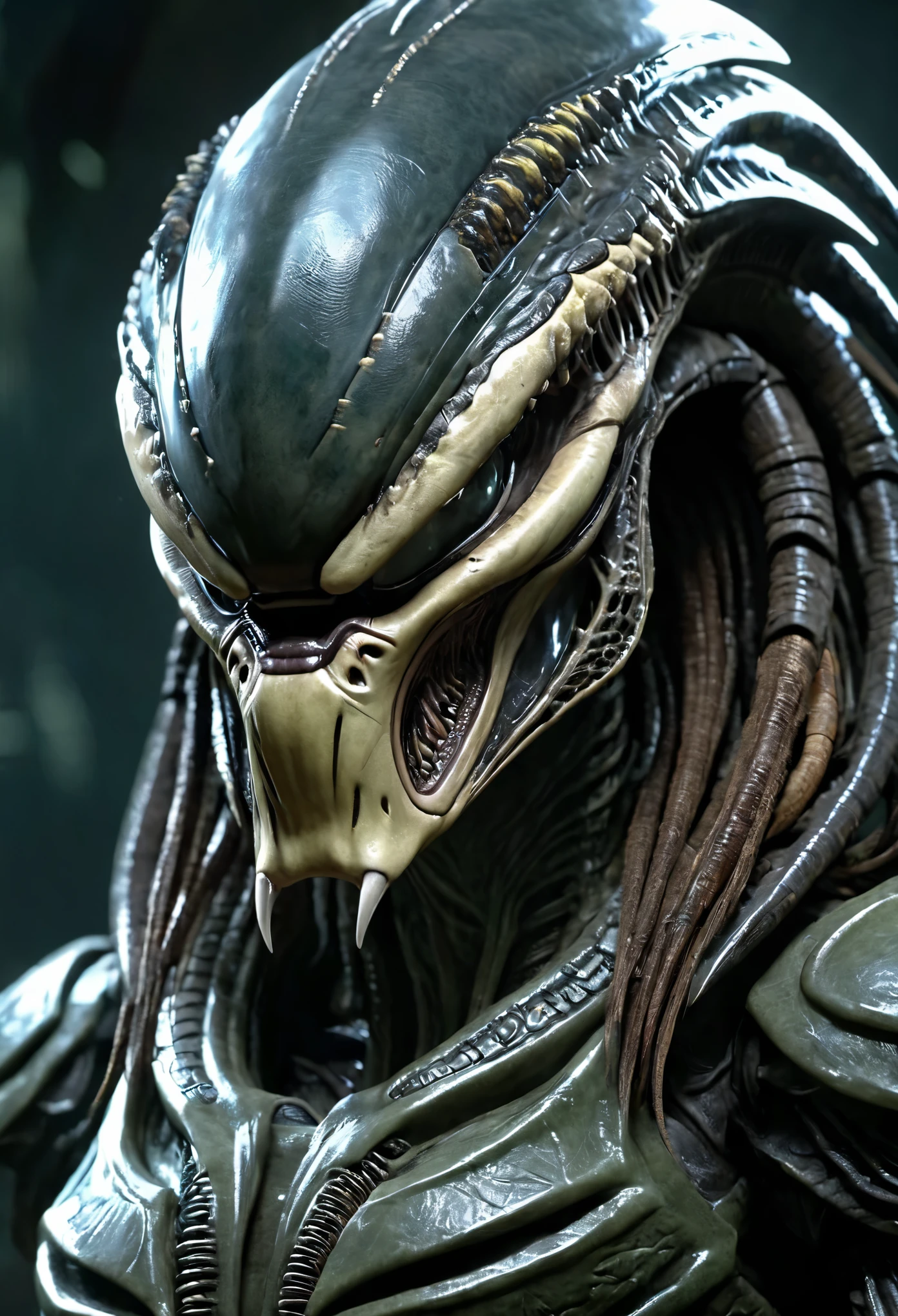 alien predator, biomechanical, (Artstation:1.1), (intricate:1.1), (great eye detail:0.7), (glowing eyes:0.5), solo, male, sharp teeth, upper body, looking at viewer, photorealistic, 8k, unreal engine, inspired by HR Giger, half body portrait, highly detailed,