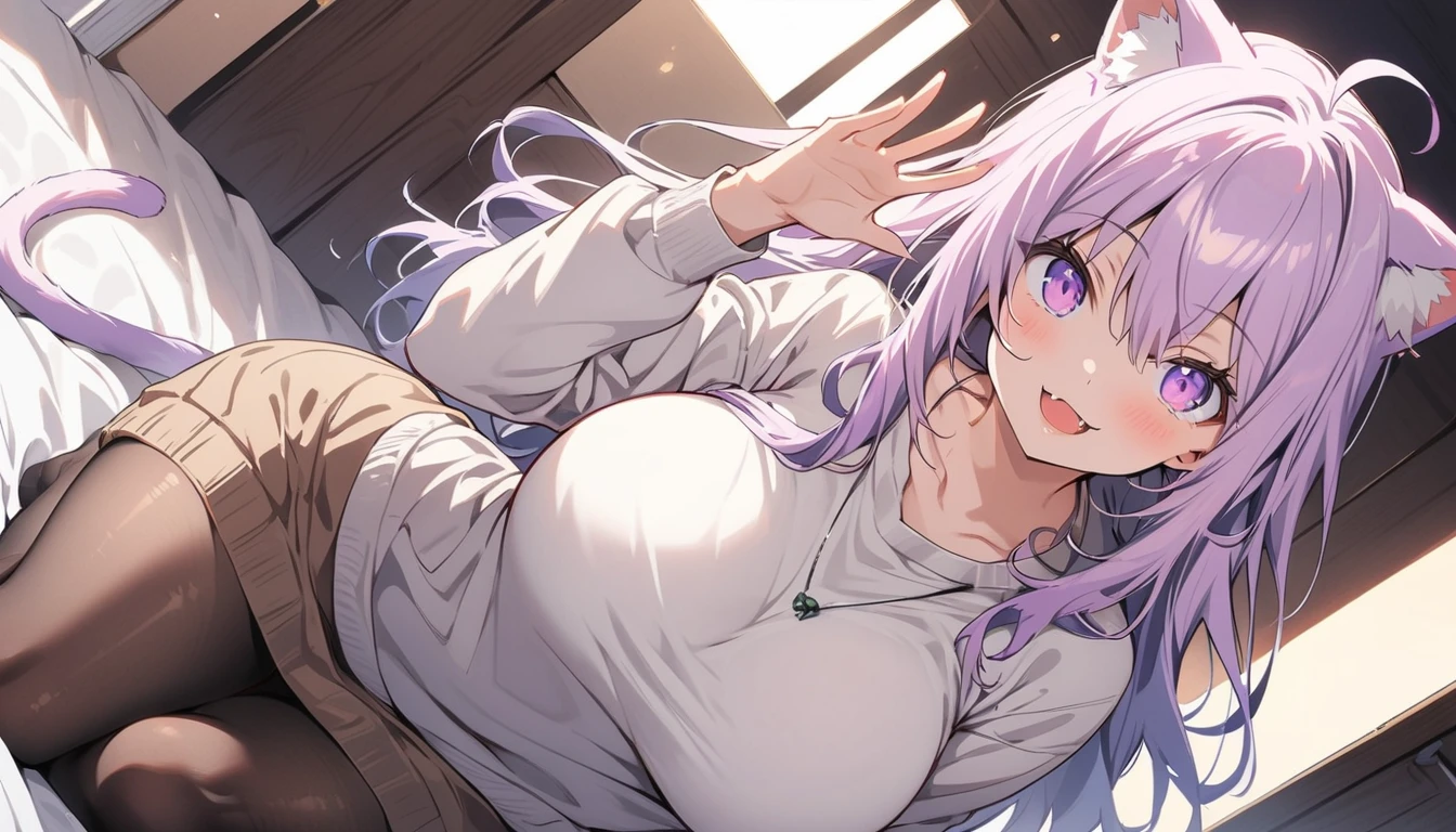 masterpiece, highest quality, One girl, ((View your viewers)), Lilac hair, Purple eyes, Long Hair,  Ahoge, sweater, sweater skirt, pantyhose, 163cm, Hair between the eyes, big breasts, Adult, 20-year-old, mature,, alone, only, smile, Cat ear, Cat&#39;s Tail, tooth, Cat girl, Animal ears、(highest quality、masterpiece、High resolution、detailed)animeスタイル、flat style、(Shining Eyes、detailed美しい顔),  BREAK,anime