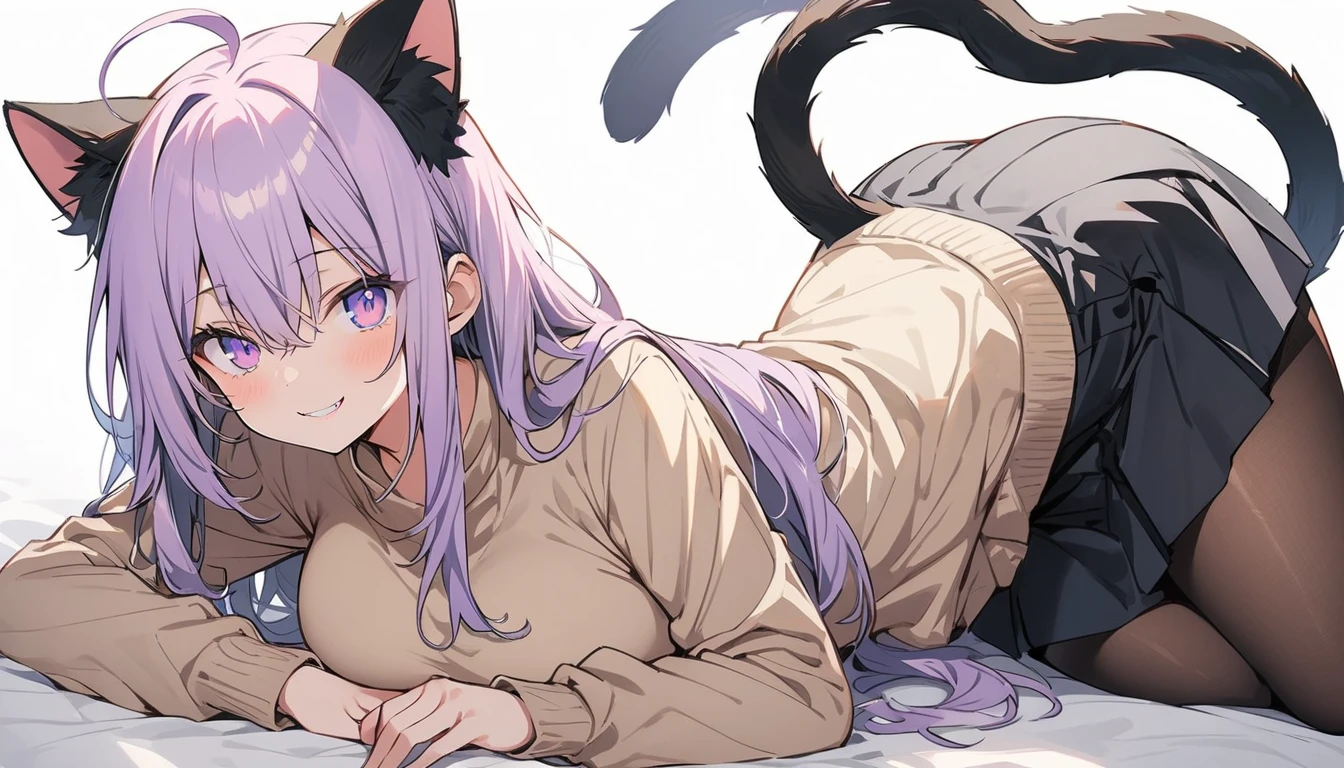 masterpiece, highest quality, One girl, ((View your viewers)), Lilac hair, Purple eyes, Long Hair, Ahoge, sweater, sweater skirt, pantyhose, 163cm, Hair between the eyes, big breasts, Adult, 20-year-old, mature,, alone, only, smile, Cat ear, Cat's Tail, tooth, Cat girl, Animal ears、(highest quality、masterpiece、High resolution、detailed)animeスタイル、flat style、(Shining Eyes、detailed美しい顔), BREAK,anime