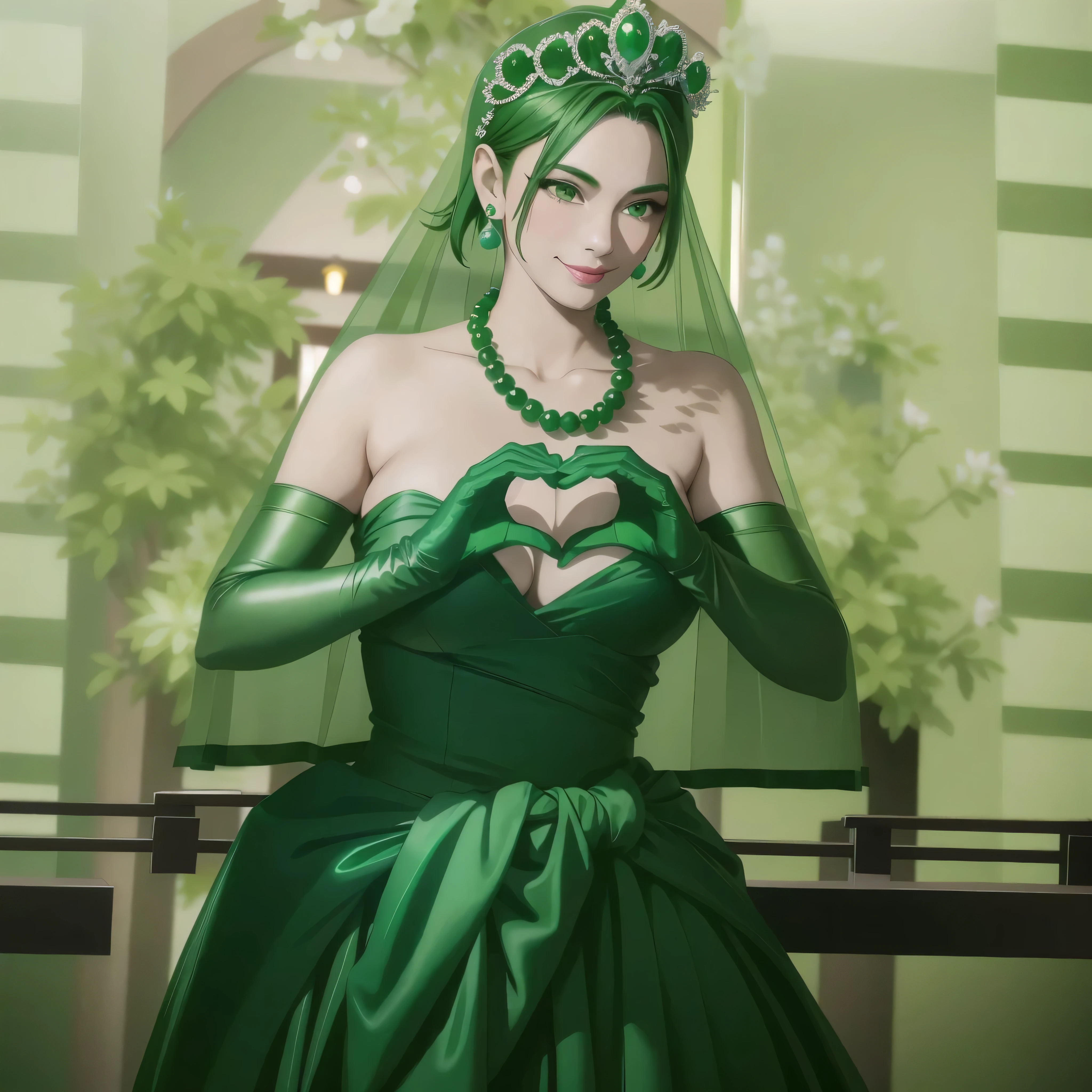 emerald tiara, green pearl necklace, boyish very short green hair, green lips, smiling Japanese woman, very short hair, Beautiful woman with big breasts, green eyes, green satin long gloves, green eyes, emerald earrings, green veil, Heart with both hands, green hair, beautiful japanese woman, heart shaped hands:1.3, green lip gloss