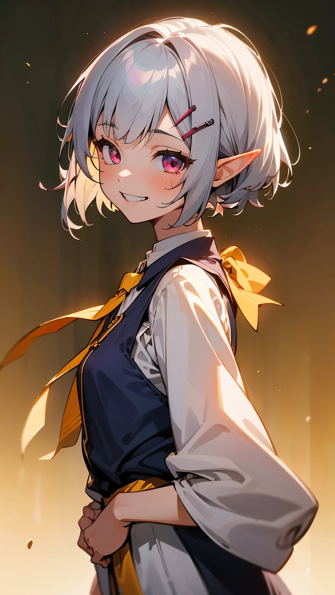 １girl、Small breasts、Angelic Face, Goblins, elf ear hair, Silver hair and short bob hairstyle、Tie your hair up with a hair clip、Glowing pink round eyes, cute, Yellow peasant tunic, Medieval, Medieval city background, Bust from the neck up, Grin、From the side、Picturesque、Sharp contours