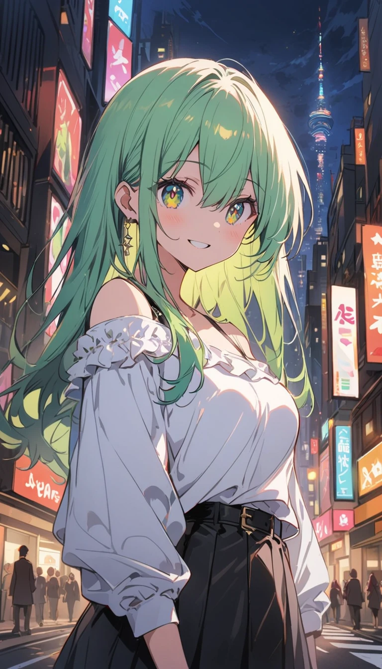 One girl, black_skirt, green_hair, building, city, cityscape, hair_between_eye, Jacket, Looking_in_Audience, Moderate_hair, Multicolor_hair, multiple_boy, night, off_shoulder, Outdoor, pleined_skirt, road, shirt, skirt, Skyscraper, smile, 一人in_concentrated, street, white_shirt、(highest quality、masterpiece、High resolution、Detailed)animeスタイル、flat style、(Sparkling Eyes、Detailed美しい顔), BREAK,anime