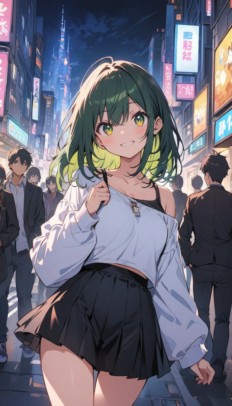 One girl, black_skirt, green_hair, building, city, cityscape, hair_between_eye, Jacket, Looking_in_Audience, Moderate_hair, Multicolor_hair, multiple_boy, night, off_shoulder, Outdoor, pleined_skirt, road, shirt, skirt, Skyscraper, smile, 一人in_concentrated, street, white_shirt、(highest quality、masterpiece、High resolution、Detailed)animeスタイル、flat style、(Sparkling Eyes、Detailed美しい顔), BREAK,anime