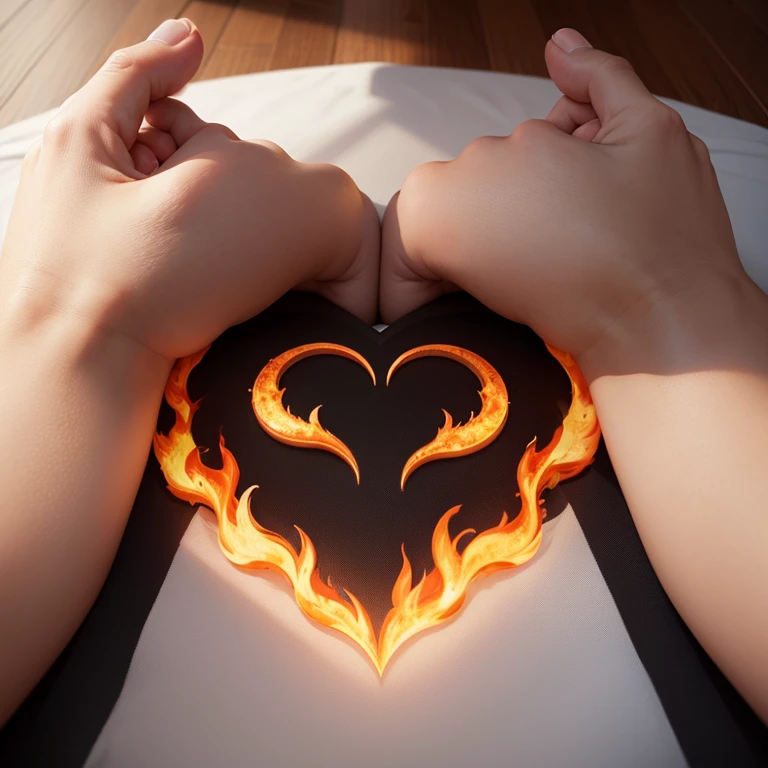 The symbol was designed using a heart shape and a burning flame.、No humans、Without a human body、Only the logo is placed on the floor、Looking from directly above、Mark close up、