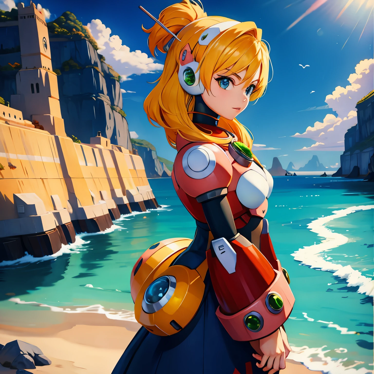 alia_mega manx, 1 garota, Sozinho, seios, olhos azuis, cabelo loiro, android, Cabelo longo, robot ears, com vista para o oceano na beira de uma rocha, in avian theme style, realista, mas estilizado, Villagecore, azul, orange and azul, dragoncore, Aerial view