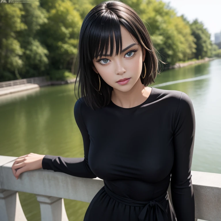 Masterpiece, best quality, detailed face, Fubuki, black hair, black dress, pelvic curtain, posing on a bridge, looking at viewer, neutral face