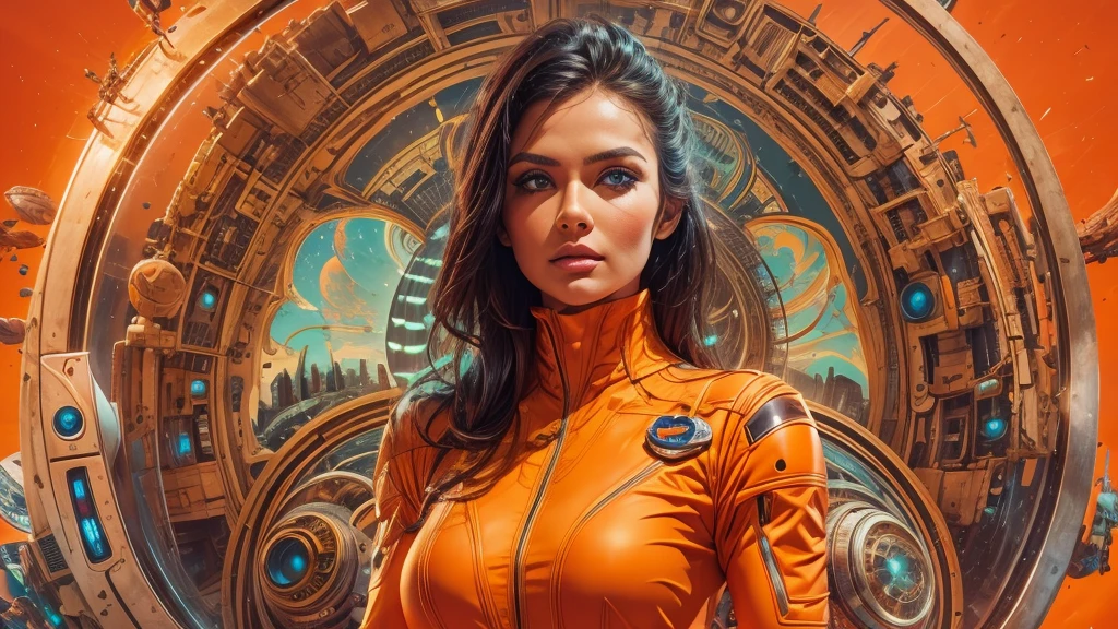 arafed image of a woman in a futuristic suit with a spaceship in the background, movie art, in front of an orange background, inspired by Robert McGinnis, female protagonist, megastructure in the background, portrait of an ai astronaut, astronauts, an astronaut, portrait of a astronaut skeletor, perfect android girl, detailed eyes, frank franzzeta and sakimichan