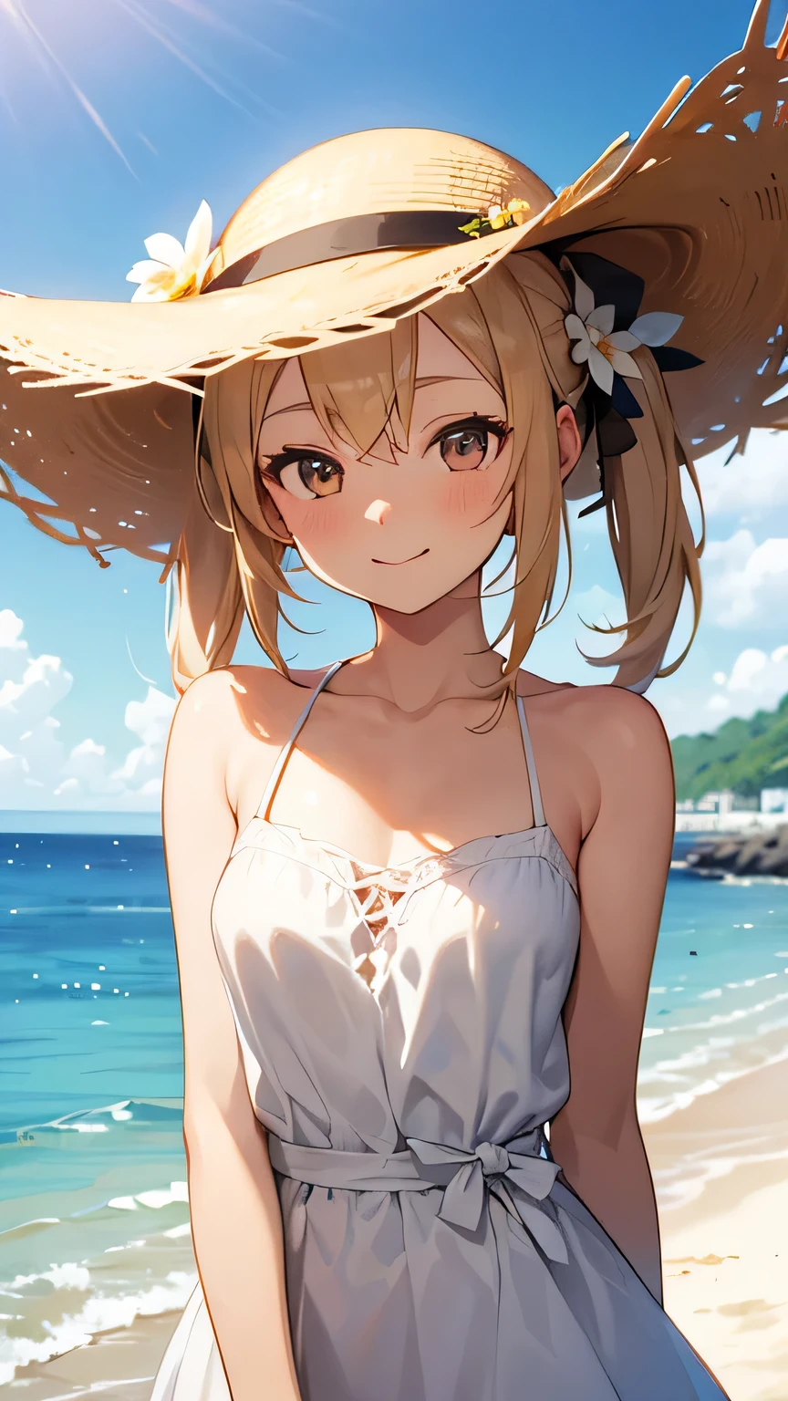 (Best quality, dynamic lighting, highly detailed, HDR) blonde haired young woman, twintailed, cute, pretty, beautiful, brown eyes, skinny, , short, small breasts, white floral summer dress, summer hat, bare shoulder, cleavage, sleeveless, smiling, beach background.