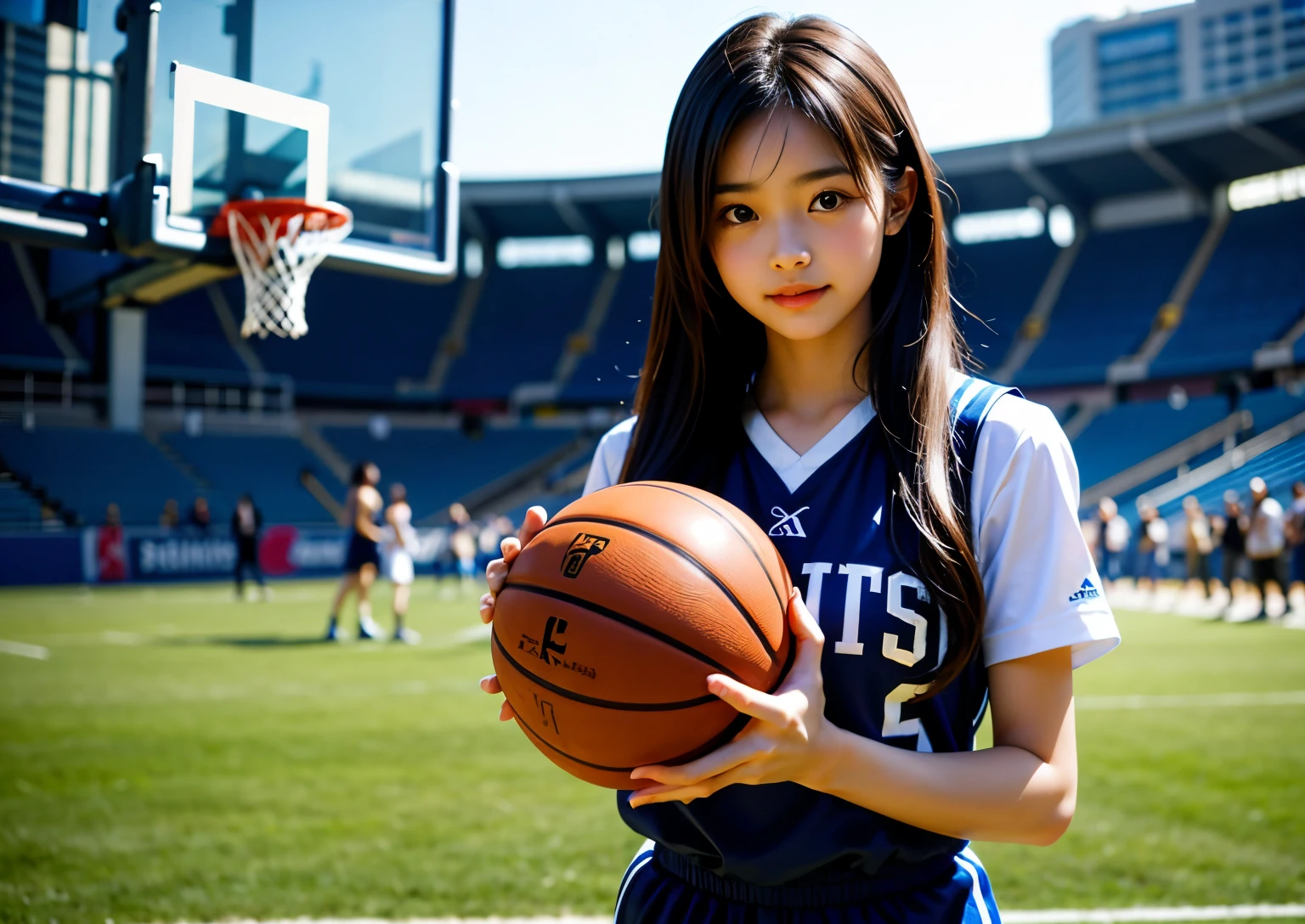 A beautiful girl wearing basketball uniform on the basketball court