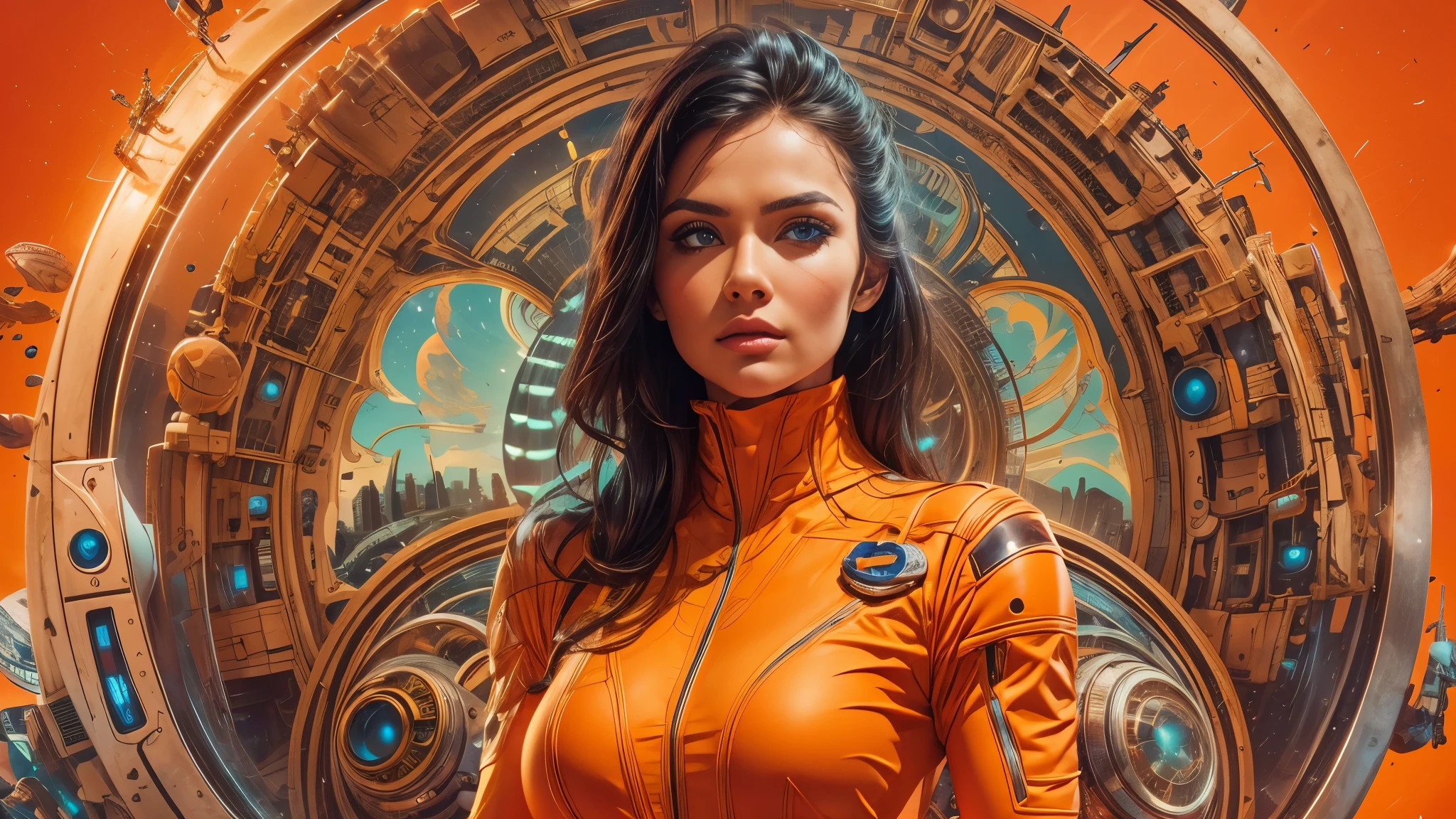 arafed image of a woman in a futuristic suit with a spaceship in the background, movie art, in front of an orange background, inspired by Robert McGinnis, female protagonist, megastructure in the background, portrait of an ai astronaut, astronauts, an astronaut, portrait of a astronaut skeletor, perfect android girl, detailed eyes, frank franzzeta and sakimichan  