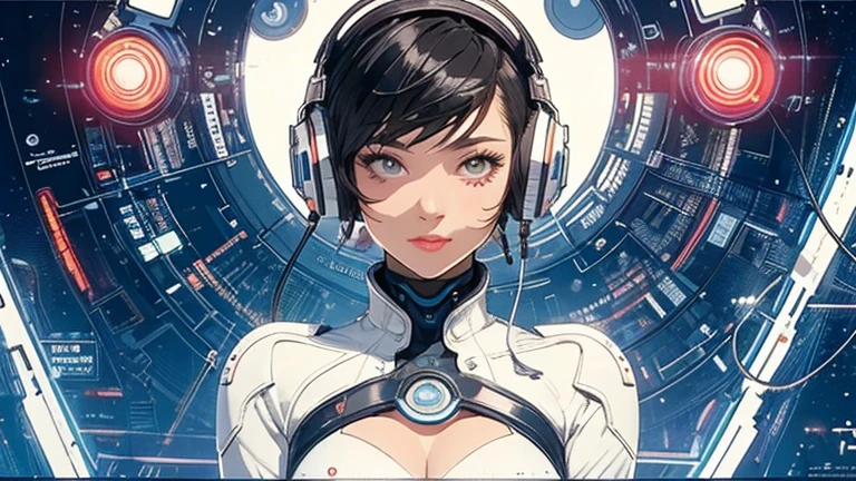 (masterpiece, highest quality), 32k,(Highly detailed beautiful woman), Poster,SF,Bauhaus, shape, Abstract,movie Poster, Vintage,Retro,Future Anime,The ultimate map,highlight,Headphones,Very detailed glowing eyes,Cleavage,Complex patterns,stylish hairstyle,fluorescence((White clothes)),Starry Sky,cyber punk