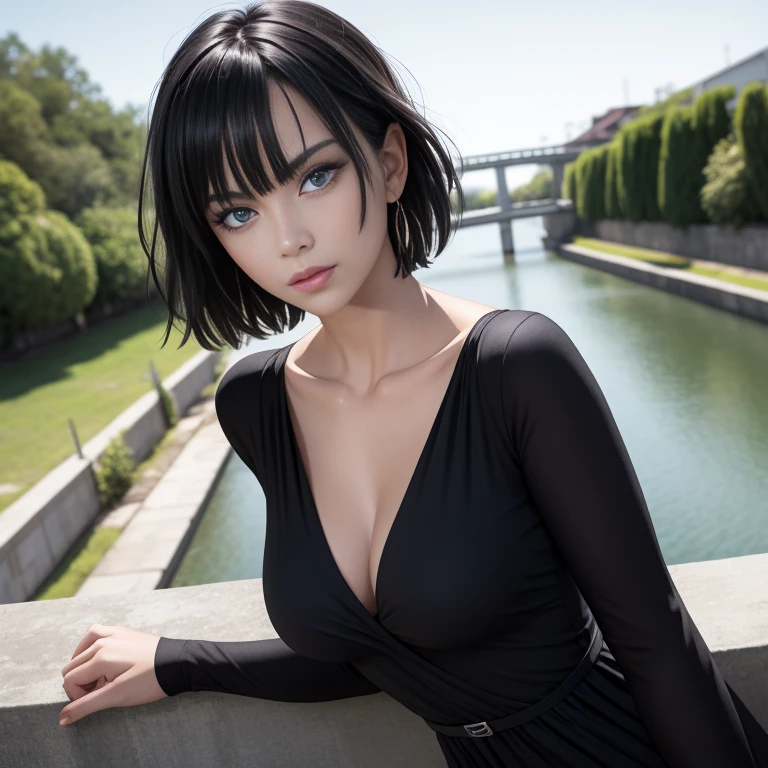 Masterpiece, best quality, detailed face, Fubuki, black hair, black dress, pelvic curtain, posing on a bridge, looking at viewer, neutral face