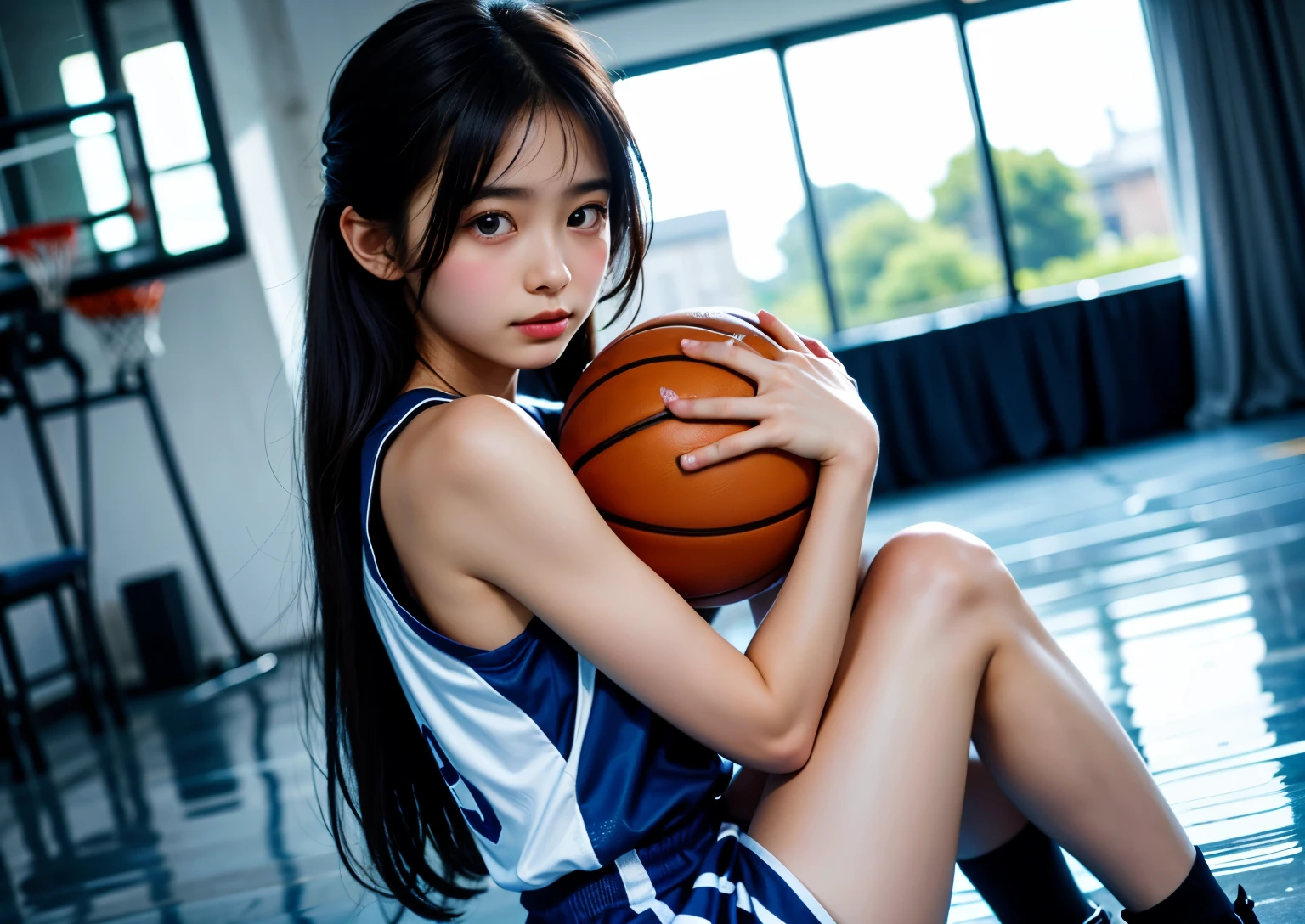 A beautiful girl wearing basketball uniform on the basketball court