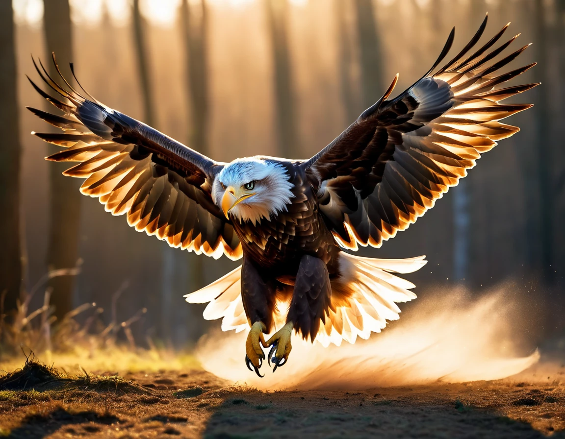Draw a flying eagle landing on the ground,Motion Blur,wingの動きにブレを加えて躍動感を表現する,Wind,Windのエフェクト,Landing scene,Scene Design,National Geographic,Photographed by a professional photographer,Fujifilm,A great photo capturing the moment of landing,Photorealistic,Intricate details,masterpiece,Beautiful light and shadow,Very realistic texture,wing,Anatomically correct