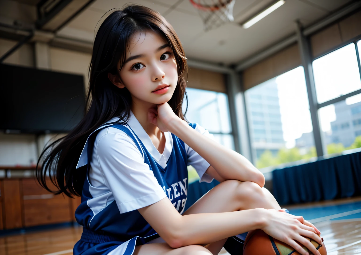 A beautiful girl wearing basketball uniform on the basketball court
