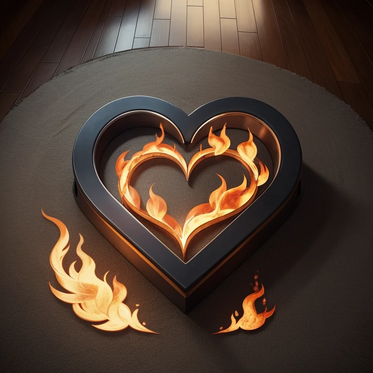 The symbol was designed using a heart shape and a burning flame.、No humans、Without a human body、Only the logo is placed on the floor、Looking from directly above、Mark close up、