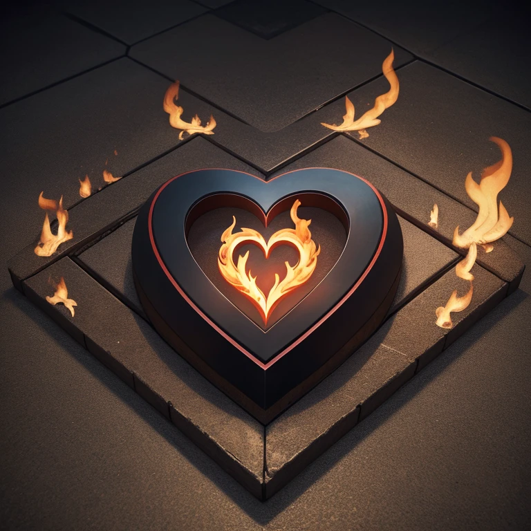The symbol was designed using a heart shape and a burning flame.、No humans、Without a human body、Only the logo is placed on the floor、Looking from directly above、Mark close up、