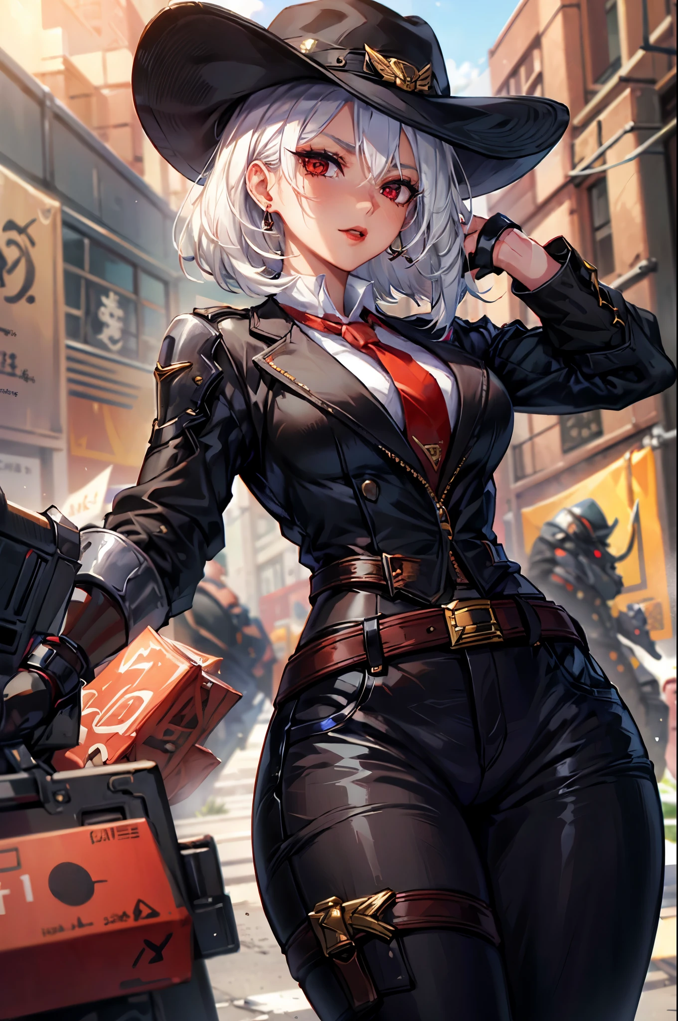 (masterpiece, best quality:1.2), expressive eyes, perfect face, highres, 1girl, solo, AsheOver, mole, earrings, red eyes, white hair,  medium hair, jewelry, makeup, lipstick, necktie, red necktie, thigh strap, black gloves, belt, stud earrings, red lips, shirt, pants, lips, eyeshadow, standing, upper body, looking at the viewer