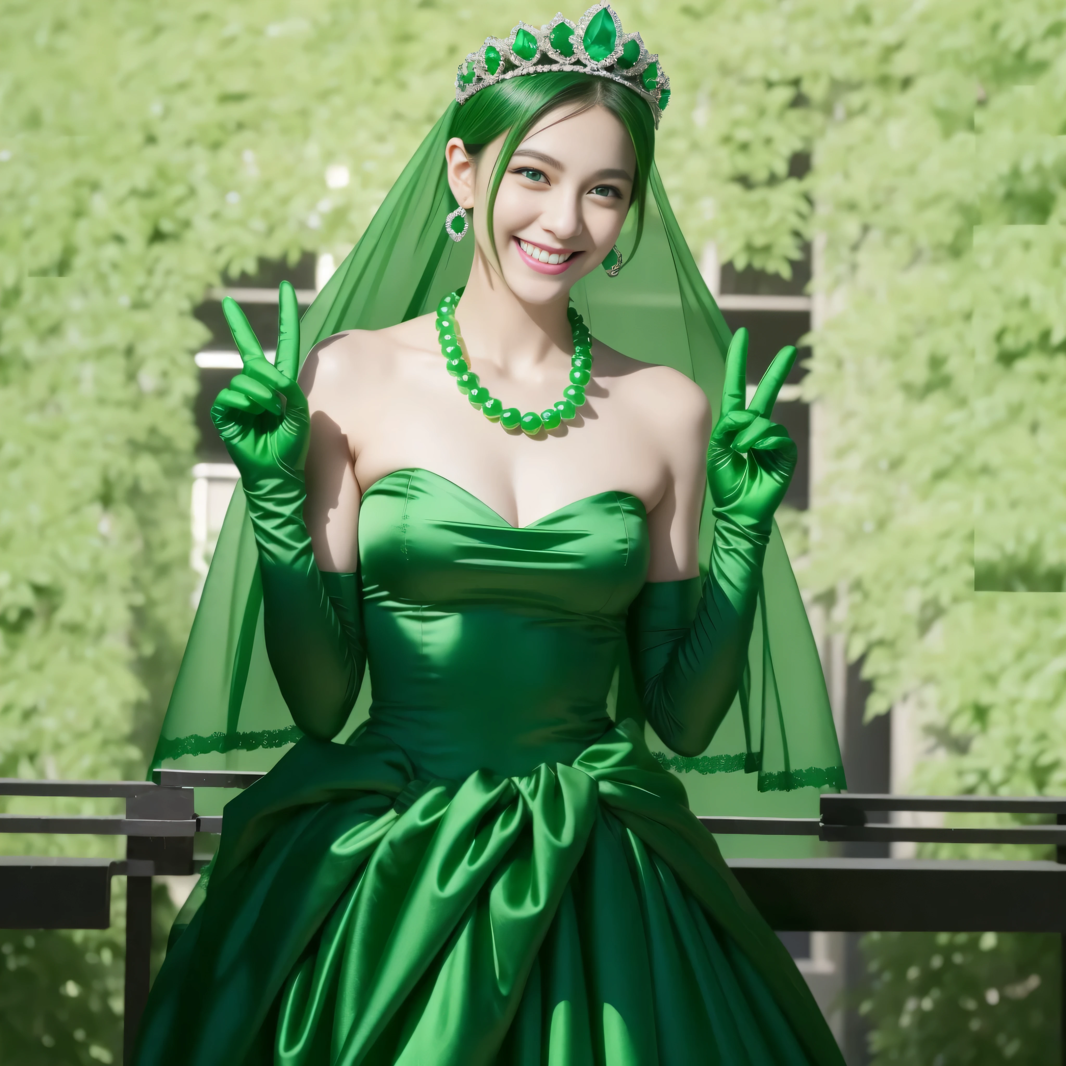 emerald tiara, Green Pearl Necklace, Boyish very short green hair, lipsticks, Japan woman smiling, very short short hair, big breasts beautiful, Green eyes, Long green gloves made of satin material, Green eyes, Emerald Earrings, green vale, v sign