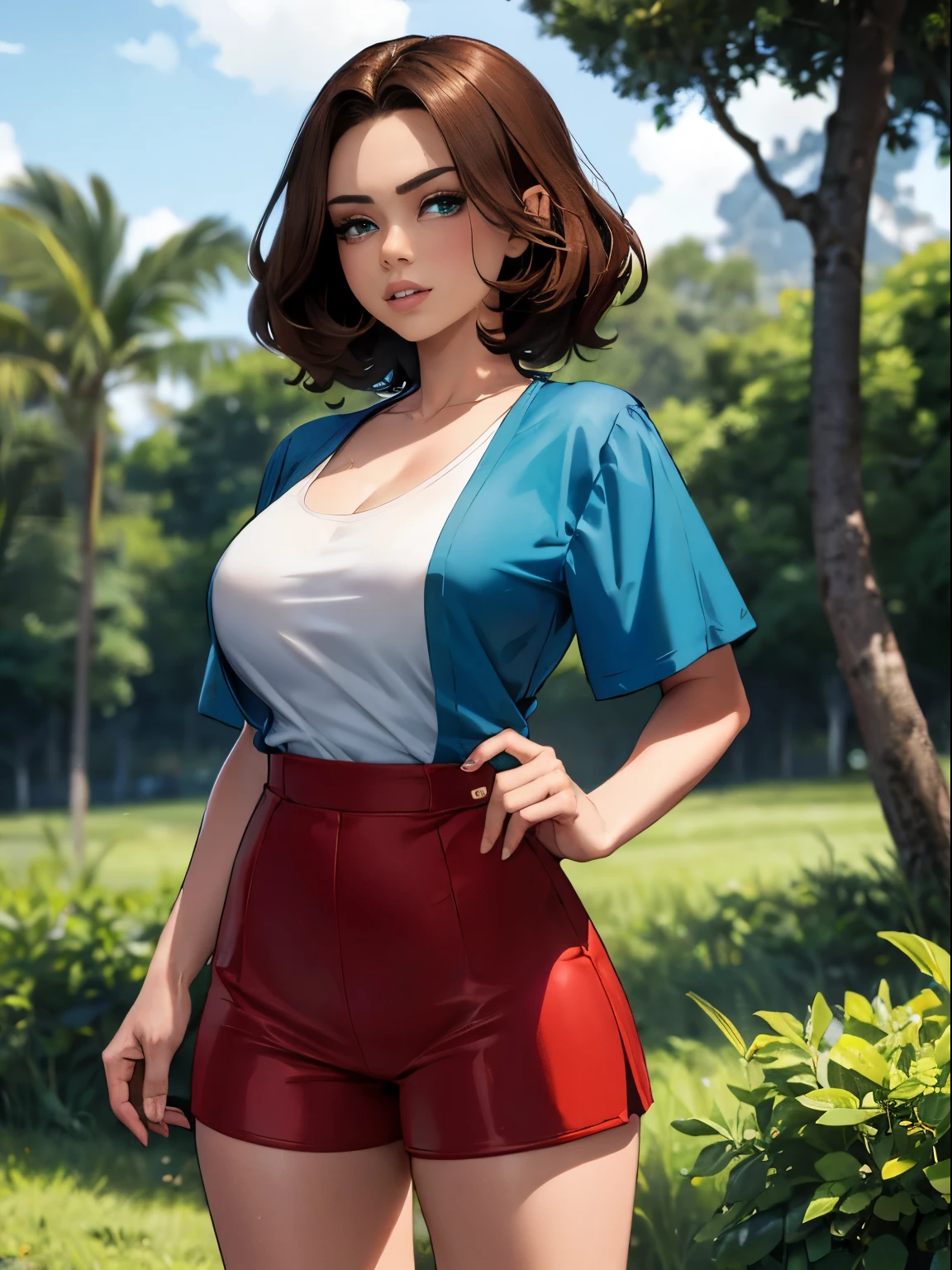 Dominican girl wearing shades, red tight romper, long legs, seductive blue eyes, and a dark shirt, blurred green grass and trees in the background, short brown hair, highly detailed face, high quality, high resolution, kissing another woman