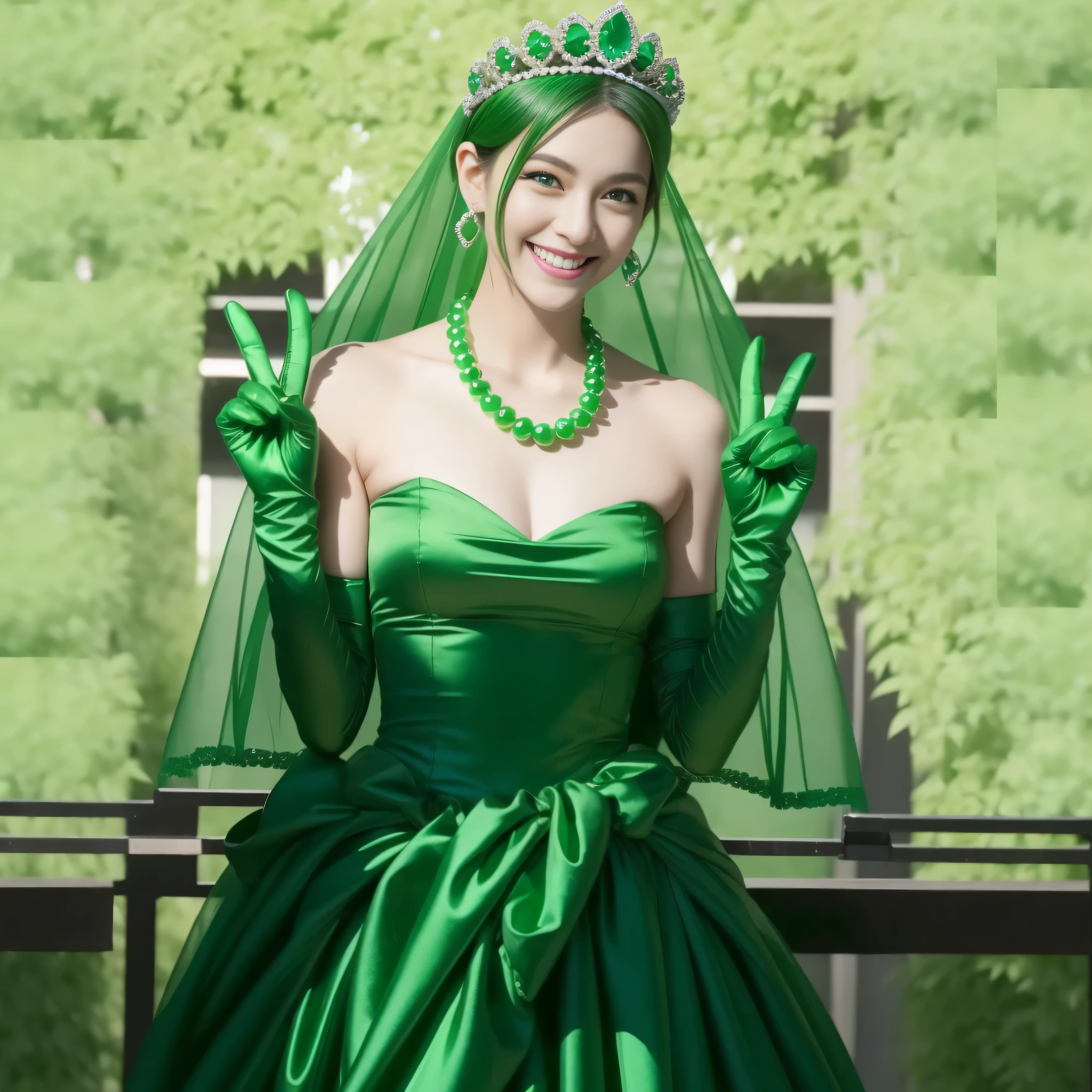 emerald tiara, Green Pearl Necklace, Boyish very short green hair, lipsticks, Japan woman smiling, very short short hair, big breasts beautiful, Green eyes, Long green gloves made of satin material, Green eyes, Emerald Earrings, green vale, v sign