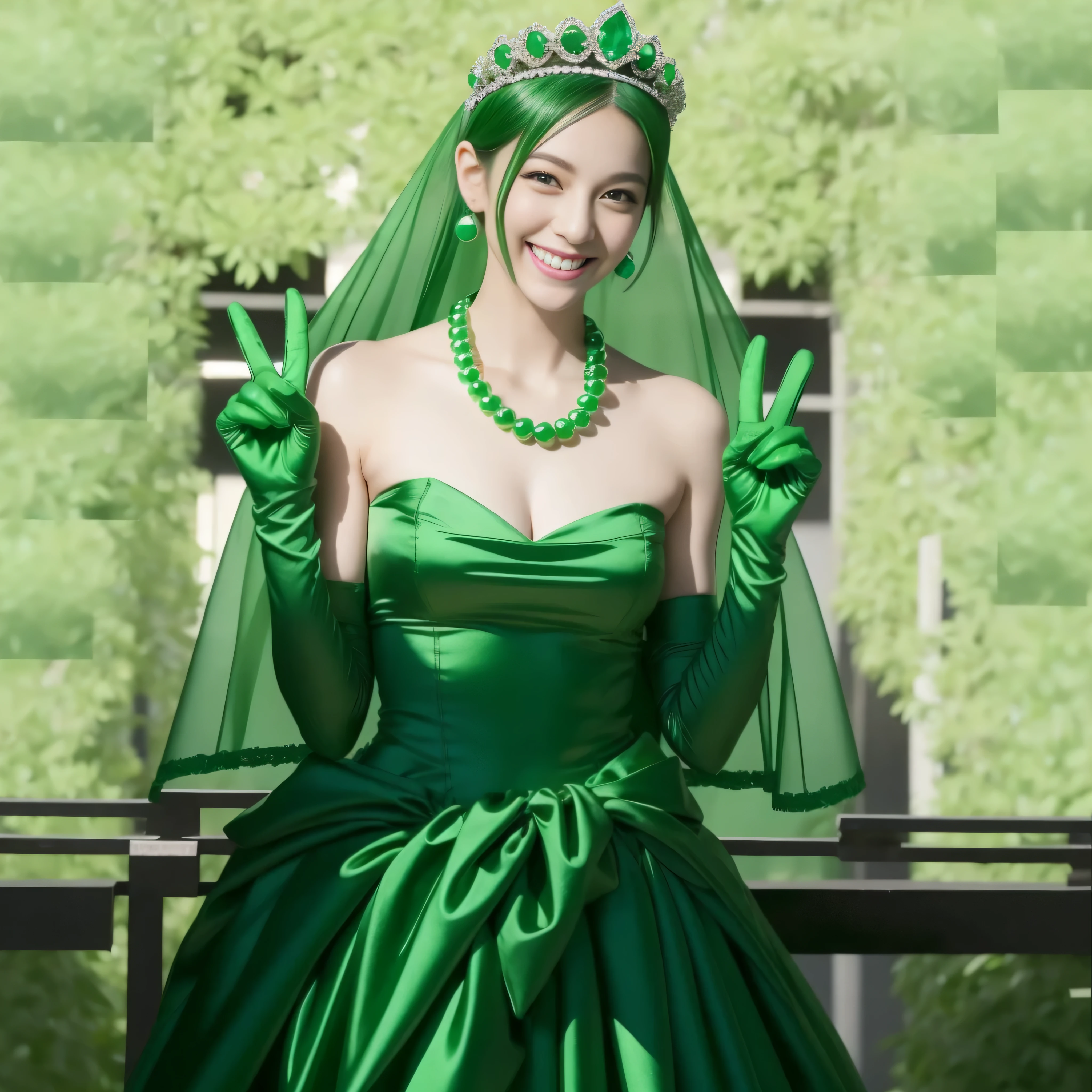 emerald tiara, Green Pearl Necklace, Boyish very short green hair, lipsticks, Japan woman smiling, very short short hair, big breasts beautiful, Green eyes, Long green gloves made of satin material, Green eyes, Emerald Earrings, green vale, v sign