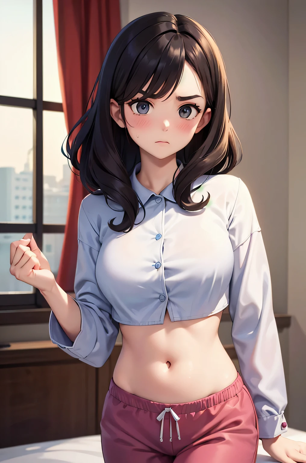super fine illustration, vibrant colors, masterpiece, sharp focus, best quality, depth of field, cinematic lighting, ultra detailed, sleeves, crop top, pajamas, button up, sweat pants, 1 woman, home, solo, milf, very messy hair, dark color hair, curly hair, slender, blush, room, indoors, belly button, annoyed, v-shaped eyebrows, Adultification, mature female, tall woman, wide hips