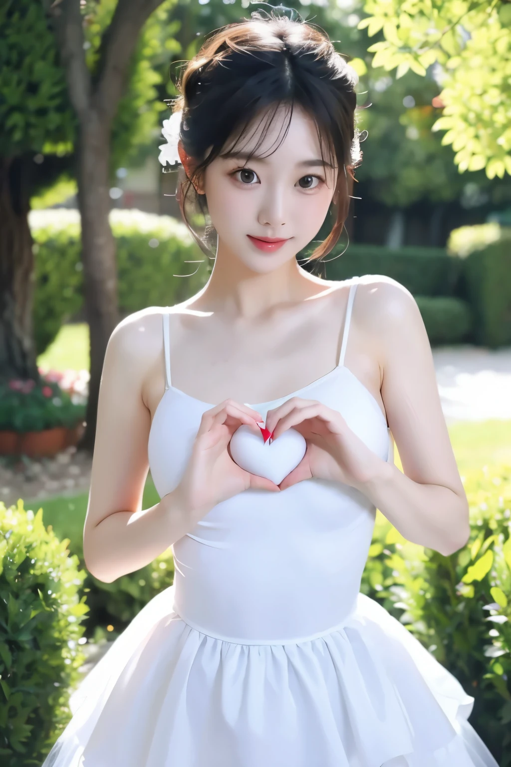 masterpiece, best quality, 1girl, Heart-Shaped_Boob_Challenge,fit body,white ballet dress,in garden