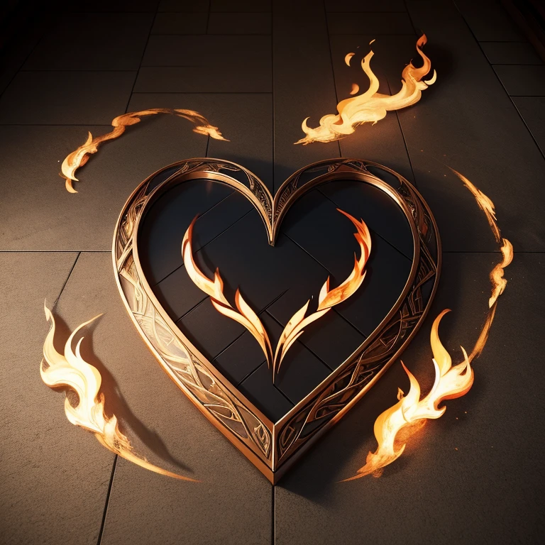 The symbol was designed using a heart shape and a burning flame.、No humans、Without a human body、Only the logo is placed on the floor、Looking from directly above、Mark close up、