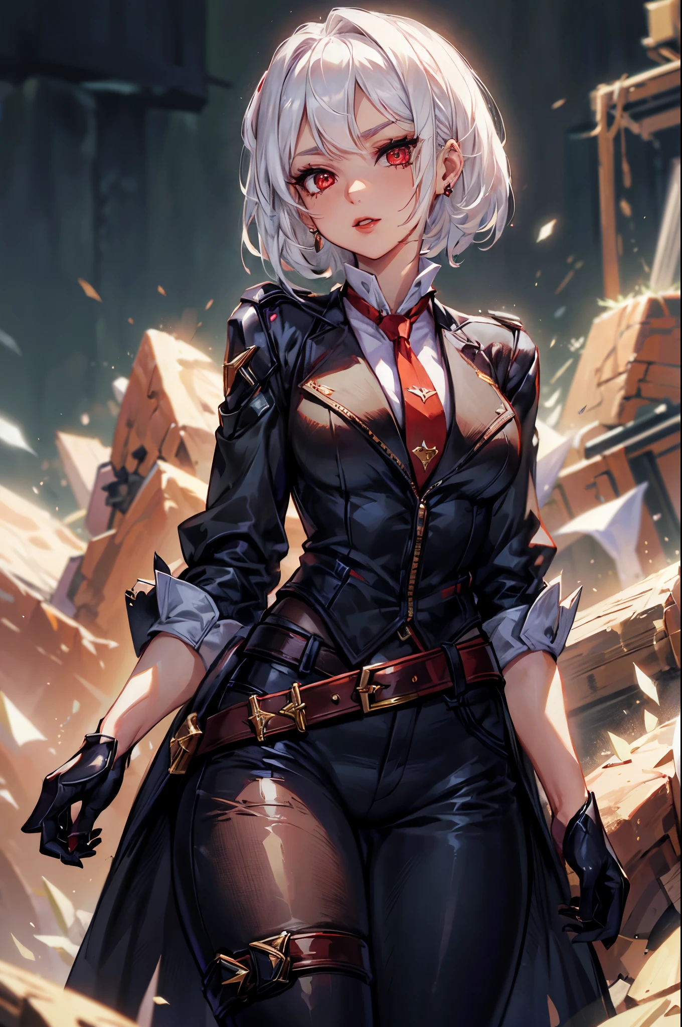 (masterpiece, best quality:1.2), expressive eyes, perfect face, highres, 1girl, solo, AsheOver, mole, earrings, red eyes, white hair,  medium hair, jewelry, makeup, lipstick, necktie, red necktie, thigh strap, black gloves, belt, stud earrings, red lips, shirt, pants, lips, eyeshadow, standing, upper body, looking at the viewer