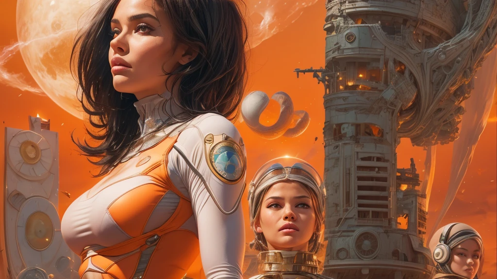 arafed image of a white woman in a futuristic suit with a spaceship in the background, movie art, in front of an orange background, inspired by Robert McGinnis, female protagonist, megastructure in the background, portrait of an ai astronaut, astronauts, an astronaut, portrait of a astronaut skeletor, perfect android girl, detailed eyes, perfectly detailed teeth, frank franzzeta and sakimichan  