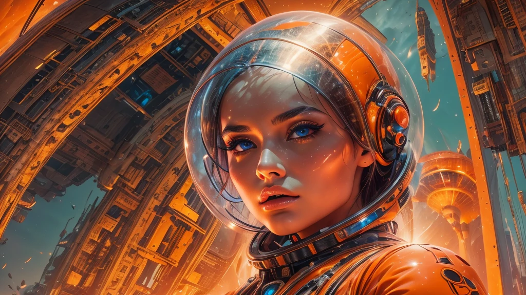 arafed image of a woman in a futuristic suit with a spaceship in the background, movie art, in front of an orange background, inspired by Robert McGinnis, female protagonist, megastructure in the background, portrait of an ai astronaut, astronauts, an astronaut, portrait of a astronaut skeletor, perfect android girl, detailed eyes, frank franzzeta and sakimichan  