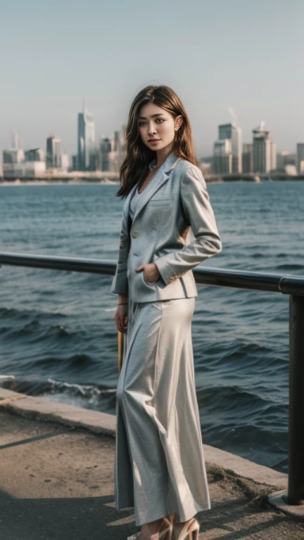 8k、Ultra HD resolution、Inspired by the 007 movie、Storytelling、((best quality, Highest image quality, high resolution, Practical, original photo, 8k)), ((perfect composition、Golden Ratio))、(Full body female love),A beautiful lady sitting on a chair, Outdoor seaside,Perfect body,(((Wearing a women's suit jacket、Intricate long skirts:1.2))),Sexy long legs,Sexy high heels,space art,Slim abdominal muscles,
Photography Art Theme, High Detail, Very detailed,Practical, Photo quality, high quality, (photoPractical:1.4), Storytelling的情景,Perfect work of art,real background,The endless sea in the background