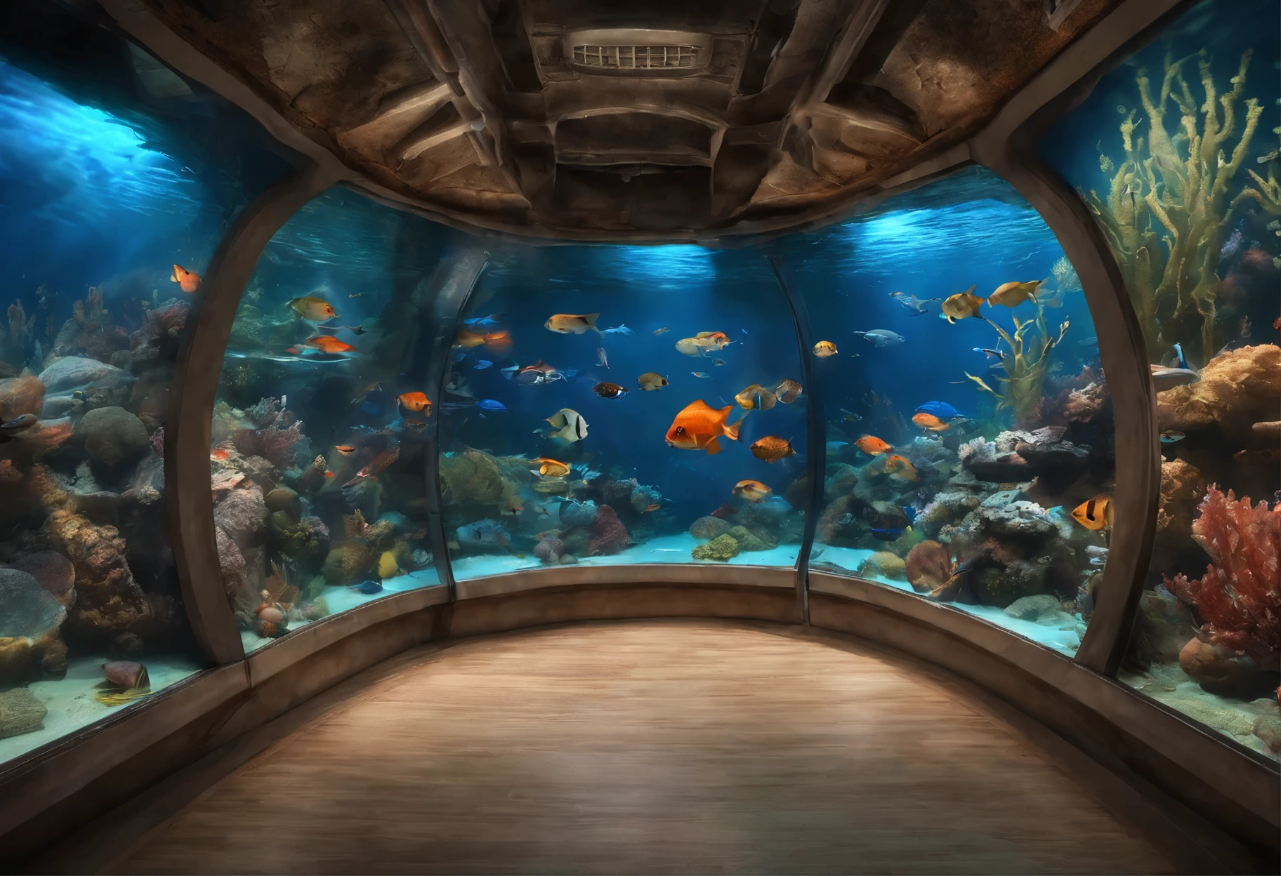 There are no characters,Close shot,Aquarium,Blue ocean in the glass,night. 3D 4K Wallpaper. Undersea tunnels,The incredible blue oceanarium has many orange-red fish.