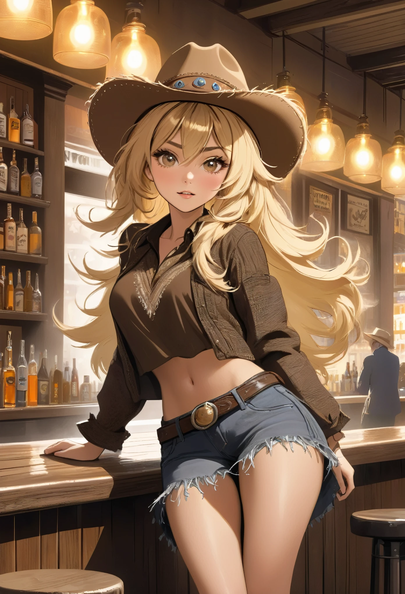 best quality, super fine, 16k, incredibly absurdres, extremely detailed, delicate, flashy and dynamic depiction, beautiful cute woman wearing western hat, excited look, blond messy hair, western fashion, superlative body proportion, western movie style townscape, leaning against the wall of a bar, tumbleweed