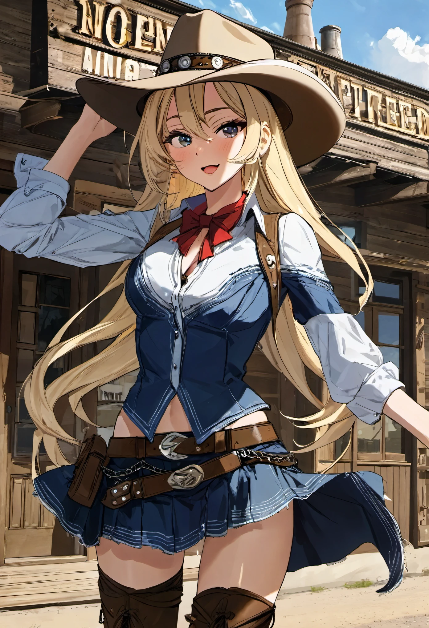 best quality, super fine, 16k, incredibly absurdres, extremely detailed, delicate, flashy and dynamic depiction, beautiful cute woman wearing western hat, excited look, blond messy hair, western fashion, superlative body proportion, western movie style townscape, leaning against the wall of a bar, tumbleweed