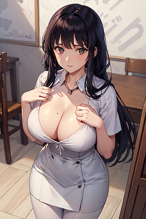 Front view,8k,best quality,8K,bestquality,masterpiece,highly detailed,ultra High Definition,Correct hands,high resolution,extremely detailed,Female teacher,White shirt,Black miniskirt,Black pantyhose,The neckline opens,Cleavage,Sexy,Professional beauty,Unfastening the chest collar,Swaying posture,Beautiful curves,Place your left hand on your chest