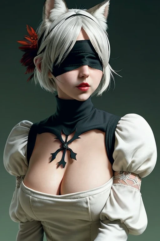 1girl, wlop, (blindfold), breasts, cleavage, cleavage cutout, dress cutout, green background, hair between eyes, headband, high resolution, juliet sleeves, long sleeves, nier (series), (nier automata, 2b), fluffy sleeves, red lips, shadow face, short hair, solo, turtleneck sweater, upper body, l blue hair, sky, white fox ears, white fox tail, nine-tailed fox, cinematic lighting 