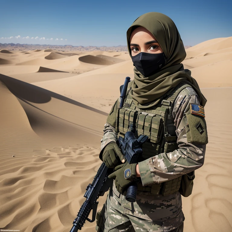 camouflage military jeep, a girl stands next to her at full height, camouflage special forces uniform, khaki, hijab 🧕, dust mask, Desert, Dunes, Bright lighting, realistically, professional photo 📷