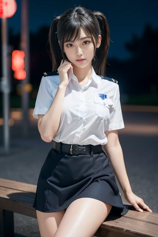 ulzzang-6500-v1.1, (Raw photo:1.2), (Photorealistic), (Mastepiece), (Genuine:1.4), A gravure idol in a uniform is sitting on a chair with her legs crossed, sakimichan, [ Realistic photos ]!!, seifuku, Yoshitomo Nara, Beasts, [32k High Definition]^10, Japanese Model, Wearing the principal's uniform, JK Uniform, cute pilot girl, Ultra-realistic pantyhose, skirt lift