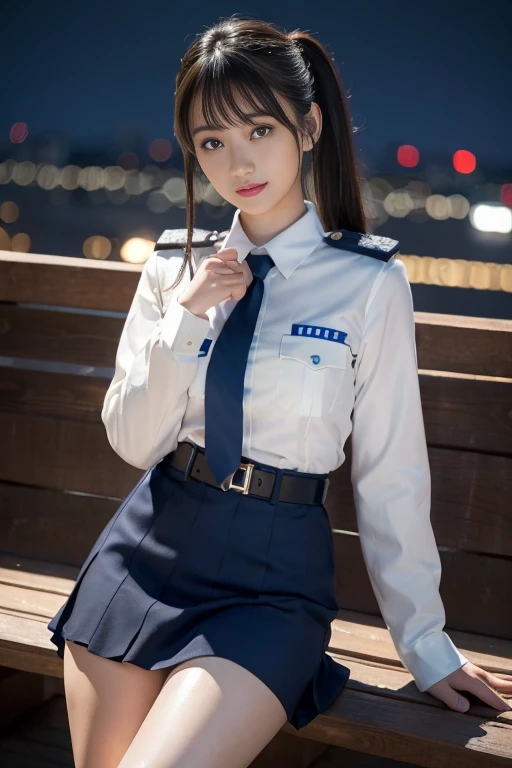 An innocent 20-year-old girl、((Japanese Police Officer, Sexy police uniform, skirt, Cute and elegant, Dramatic Pose)),smile,Night city background,shortcut、RAW Photos, (8k、highest quality、masterpiece:1.2)、(Intricate details:1.4)、(Photorealistic:1.4)、Octane Rendering、Complex 3D rendering with ultra-detail, Studio Soft Light, Rim Light, Vivid details, Super Detail, Realistic skin texture, Detailed aspect, Beautiful details in the eyes, Highly detailed CG Unity 16k wallpaper, compensate, (Detailed Background:1.2), Glowing Skin, whole body,Put your hands down、Spread your legs and show me your panties,Sit on a bench,Thighs,high waist,Twin tails,Onokuchi,Hands on chest