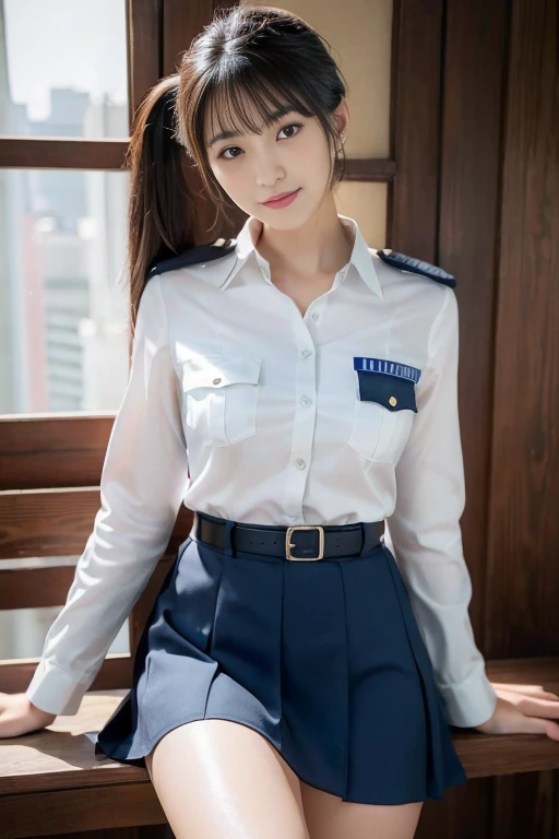 An innocent 20-year-old girl、((Japanese Police Officer, Sexy police uniform, skirt, Cute and elegant, Dramatic Pose)),smile,Night city background,shortcut、RAW Photos, (8k、highest quality、masterpiece:1.2)、(Intricate details:1.4)、(Photorealistic:1.4)、Octane Rendering、Complex 3D rendering with ultra-detail, Studio Soft Light, Rim Light, Vivid details, Super Detail, Realistic skin texture, Detailed aspect, Beautiful details in the eyes, Highly detailed CG Unity 16k wallpaper, compensate, (Detailed Background:1.2), Glowing Skin, whole body,Put your hands down、Spread your legs and show me your panties,Sit on a bench,Thighs,high waist,Twin tails,Onokuchi,Hands on chest
