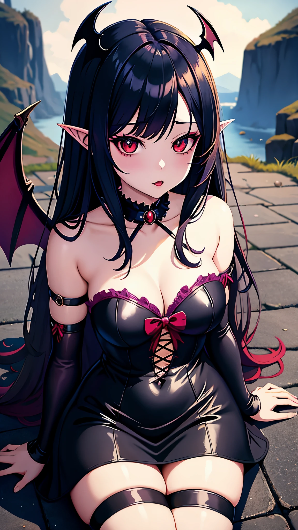 anime girl with wings sitting on the ground in a dark outfit, demon anime girl, beautiful succubus, gothic maiden anime girl, vampire girl, succubus in tight short dress, seductive anime girl, succubus, demon girl, succubus | medieval, raven winged female vampire, anime girl wearing a black dress, villainess has black angel wings, beautiful vampire queen