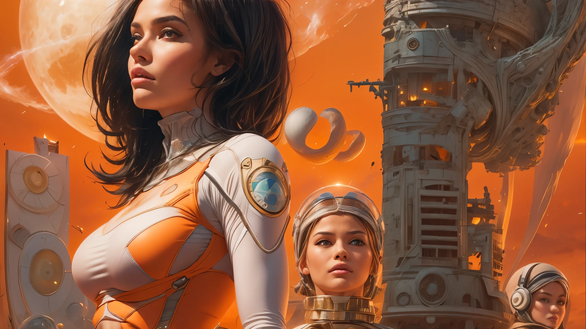 arafed image of a woman in a futuristic suit with a spaceship in the background, movie art, in front of an orange background, inspired by Robert McGinnis, female protagonist, megastructure in the background, portrait of an ai astronaut, astronauts, an astronaut, portrait of a astronaut skeletor, perfect android girl, detailed eyes, frank franzzeta and sakimichan