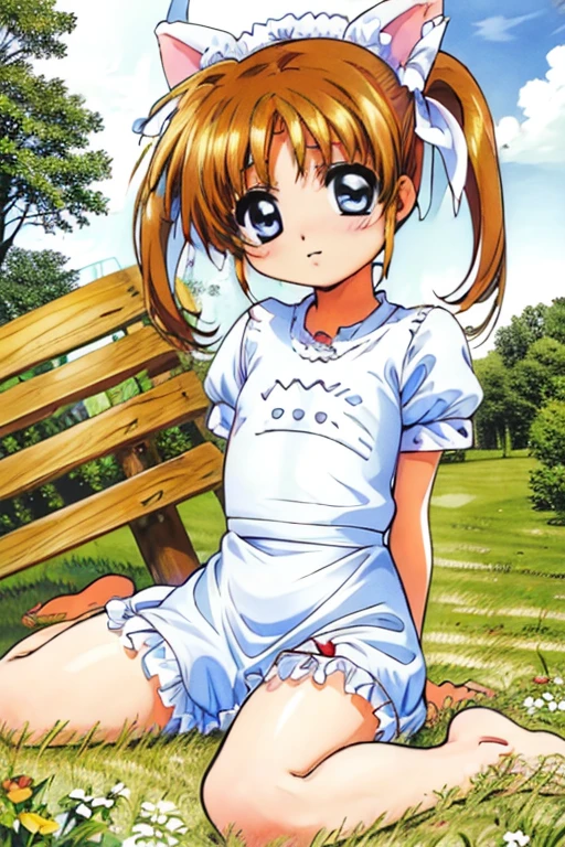 Nanoha Takamachi girl Blonde Nipples Face Twin tails Micro Bikini Waistline blush Inside the cafe Sensual Provocative Love juice Cat ears head dress Feline tail