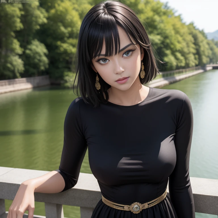 Masterpiece, best quality, detailed face, Fubuki, black hair, black dress, pelvic curtain, posing on a bridge, looking at viewer, neutral face, perfect hands