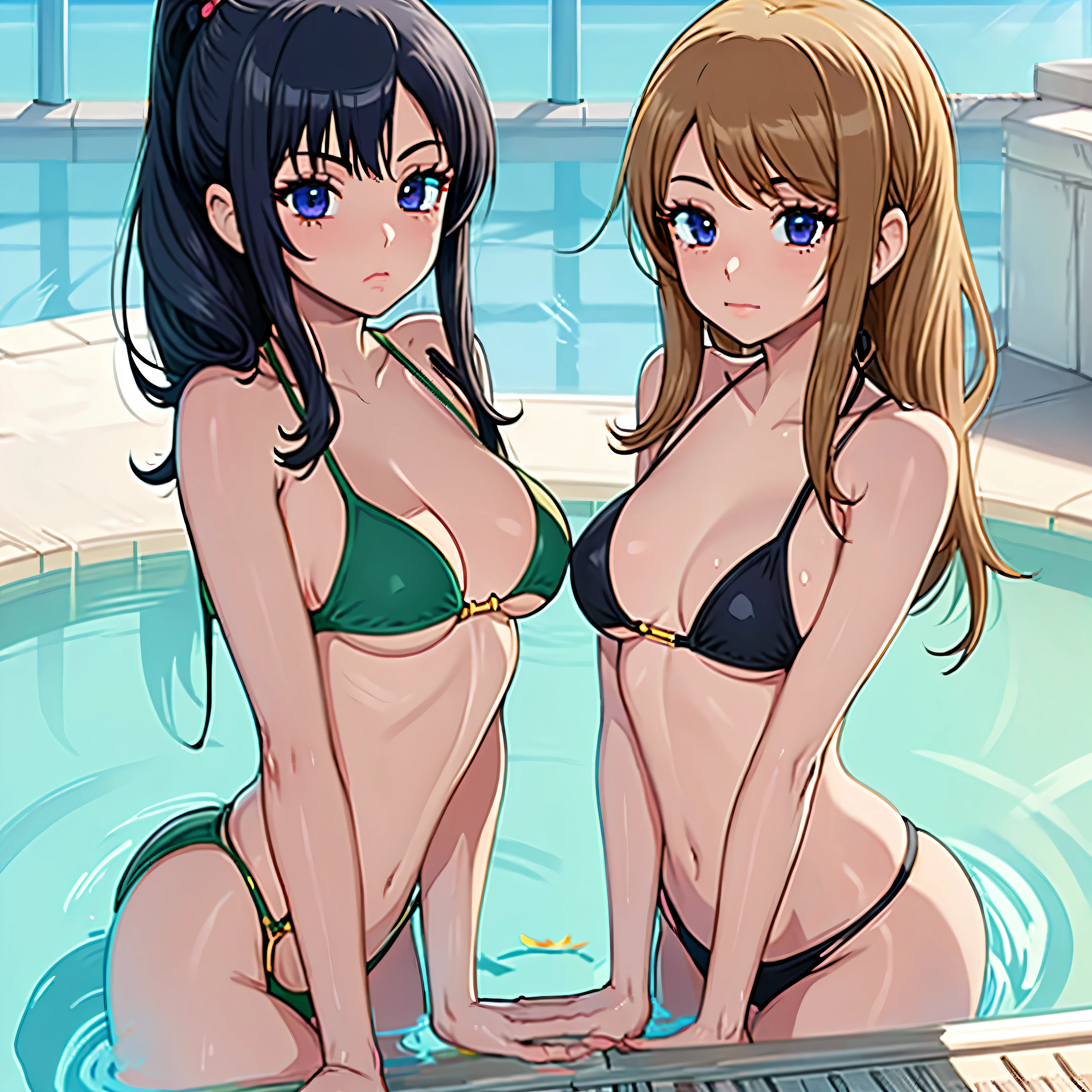 2 girls, bikini, (masterpiece, highest quality, High resolution, , perfect pixel, 4k,),(( poolside.))