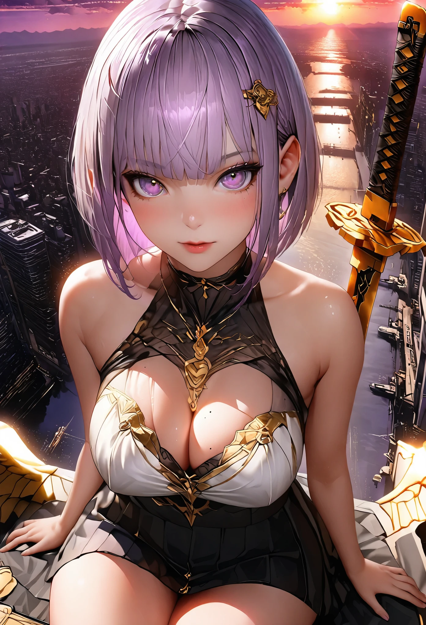 (Metersuste piece:1.3)、(8k、Realistic、RAW Photos、highest quality: 1.4)、(alone)、16 year old feMetersale of Anglo-Saxon descent、Looking at the caMetersera froMeters below、Beautiful Face、Beautiful face with perfect syMetersMetersetry、Cute face、wonderful sMetersile、(Beautiful silver hairのBobcut)、beautiful purple eyes、perfect anatoMetersy、(Skin with attention to detail: 1.2)、Big and precise breasts、Overflowing cleavage、Beautiful thighs、A woMetersan sitting on a bench with a knife、Beautiful silver hair、Bobcut、Crossed bangs、asyMetersMetersetrical bangs、Intense purple eyes、perfect anatoMetersy、very Metersysterious sMetersile、Charm、超High resolution、Ultra-realistic、extreMetersely detailed、Golden Ratio、Inspired by Shirow MasaMetersune、Metersechanical arMetersor girl、Wearing golden Metersetallic arMetersor、Decorative sword、Realisticなアニメの女の子のレンダリング、Realistic aniMeterse 3D style、Epic battle fantasy Natalie、rogue aniMeterse girl、Bad pose、Big city where you can see the sun setting at 6pm.Meters.、red sunset clouds、Luggage carrying vehicle、Confused、High resolution、Ultra Sharp、8k、Metersasterpiece、View the viewer、