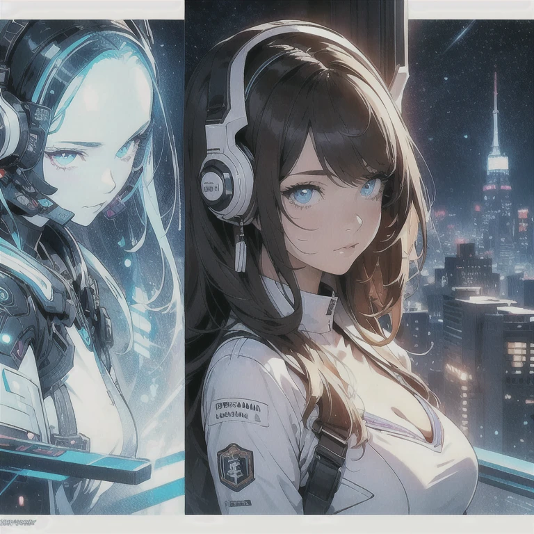 Multiple Views of the same character,Charterner v2, One girl, Slender figure, (Headphones),Brown Hair, Long Hair, blue eyes, same clothes, Concept Art, detailed_face, line_sketch, plan, Official Art, Official Alternative Costumes, Design style, multi style, detailed character, 4_~ side, original, 8K GC, massive detailed, Multiple Views of the same character, character, technical illustration, Multiple Views,masterpiece,highest quality(masterpiece, highest quality), 32k,(非常にdetailedな美しい女性), Poster,SF,Bauhaus, shape, Abstract,movie Poster, Vintage,Retro,Future Anime,The ultimate map,highlight,Headphones,Very detailed glowing eyes,Cleavage,Complex patterns,stylish hairstyle,fluorescence((White clothes)),Starry Sky,cyber punk
